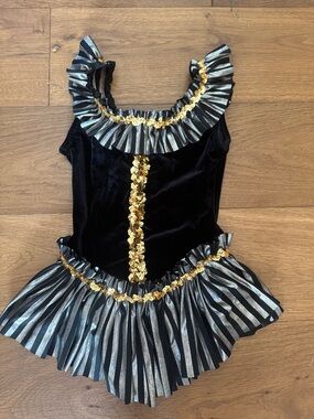 Black and Gold Girls' Dance Costume with Metallic Stripe Skirt